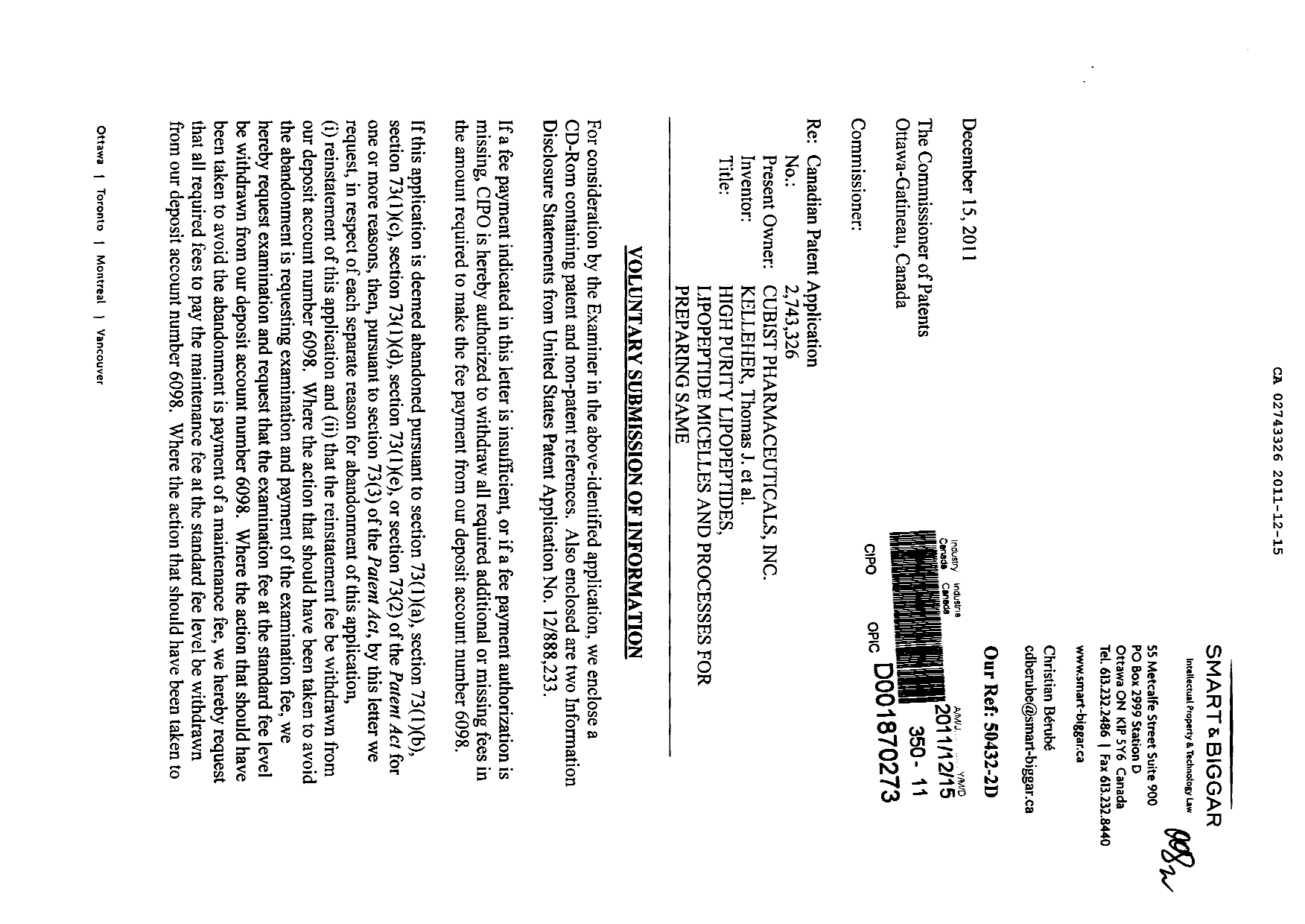 Canadian Patent Document 2743326. Prosecution-Amendment 20101215. Image 1 of 2