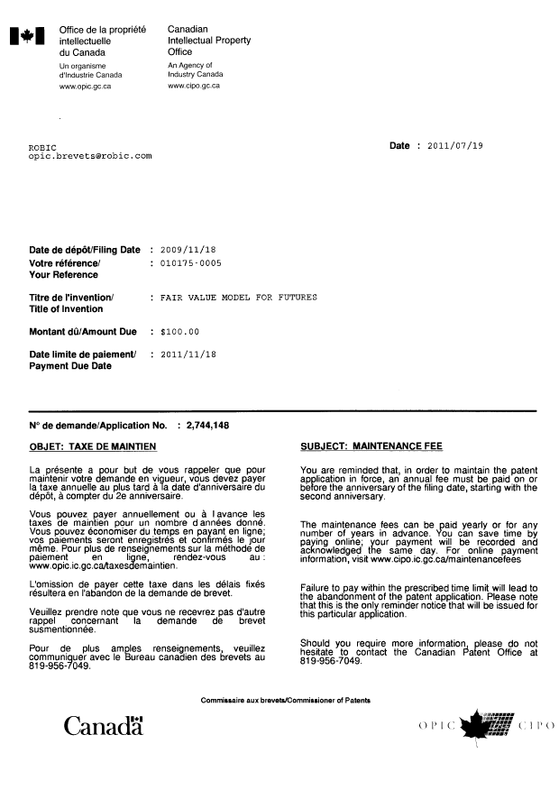 Document de brevet canadien 2744148. Correspondance 20110719. Image 1 de 1