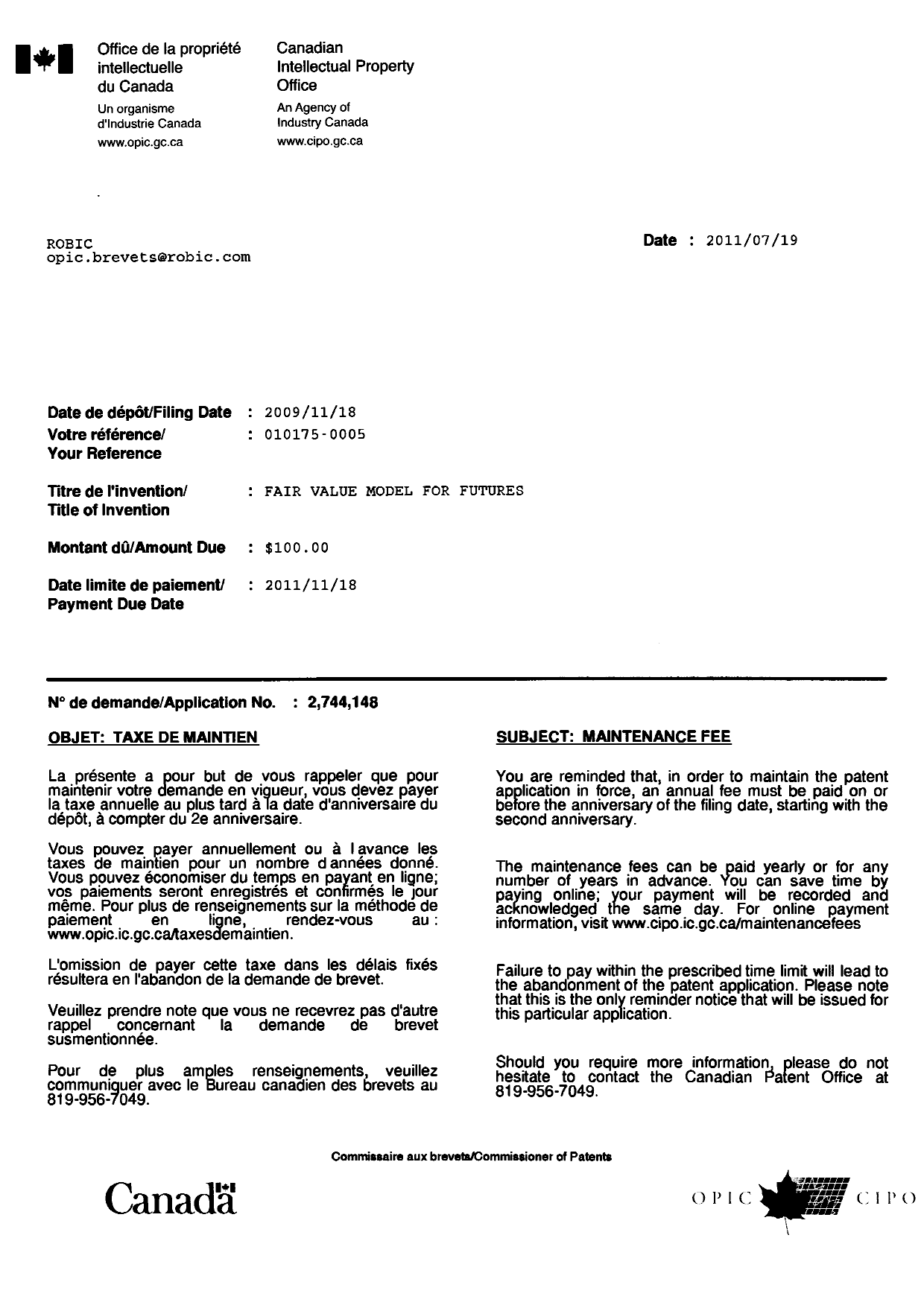 Canadian Patent Document 2744148. Correspondence 20110719. Image 1 of 1