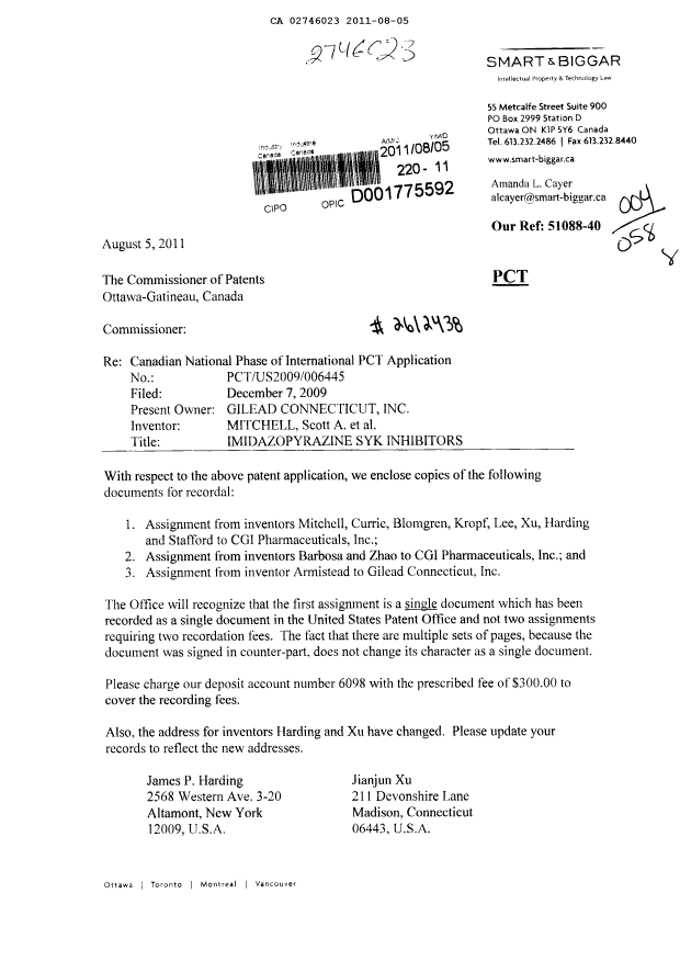 Document de brevet canadien 2746023. Correspondance 20110805. Image 1 de 2
