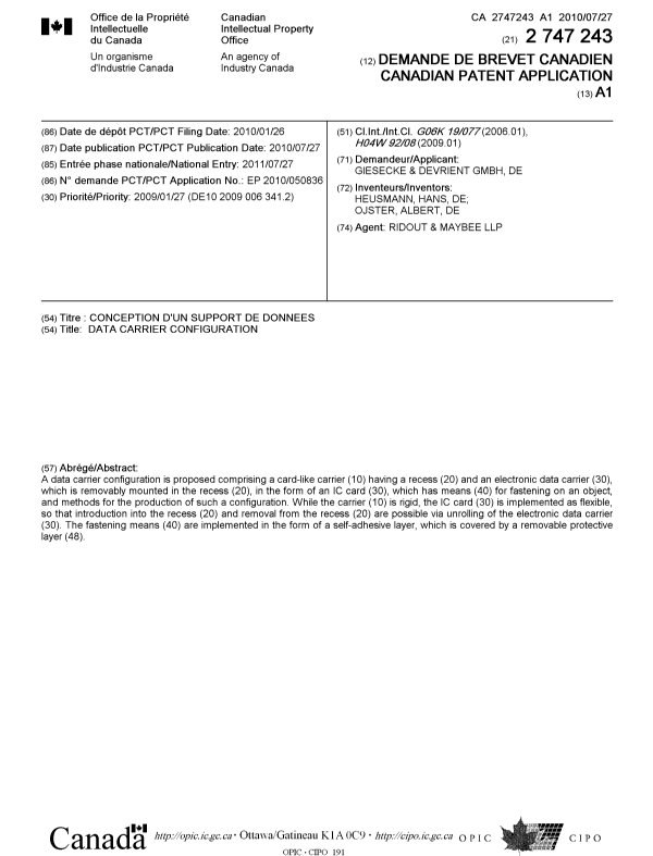 Canadian Patent Document 2747243. Cover Page 20120907. Image 1 of 1