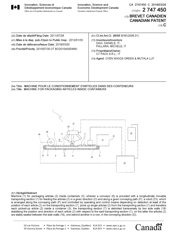 Document de brevet canadien 2747450. Page couverture 20180219. Image 1 de 1