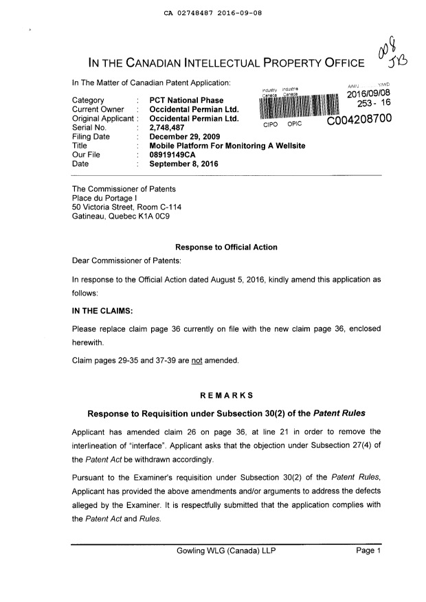 Document de brevet canadien 2748487. Modification 20160908. Image 1 de 3