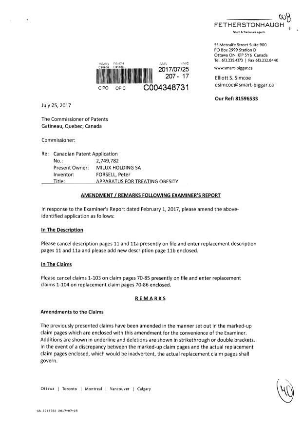 Document de brevet canadien 2749782. Modification 20170725. Image 1 de 40