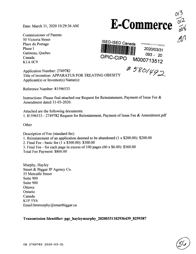 Canadian Patent Document 2749782. Reinstatement 20200331. Image 1 of 56