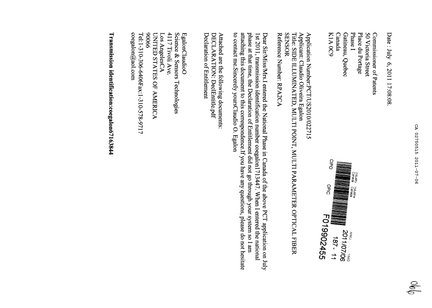 Canadian Patent Document 2750515. Correspondence 20101206. Image 1 of 2