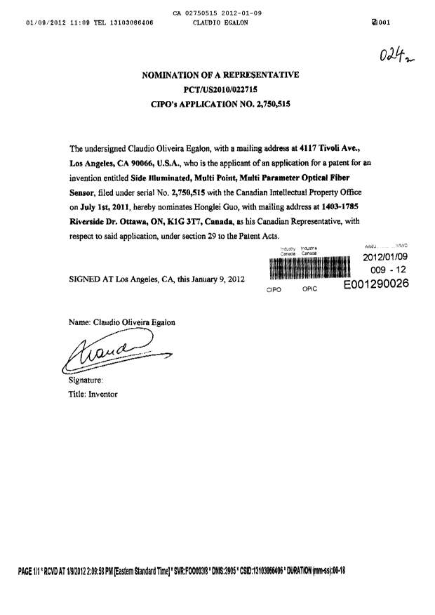 Document de brevet canadien 2750515. Correspondance 20111209. Image 1 de 1