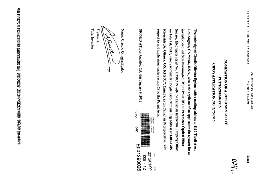 Document de brevet canadien 2750515. Correspondance 20111209. Image 1 de 1