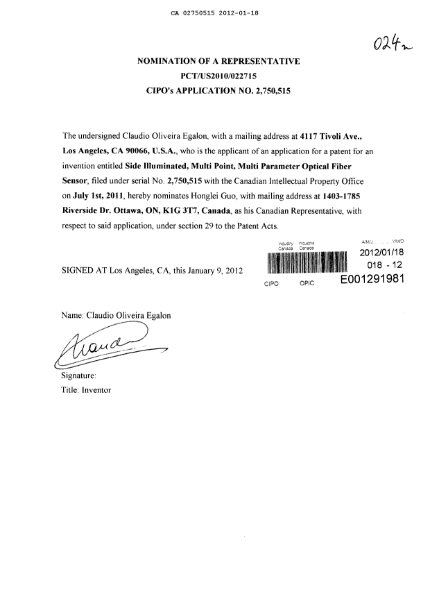 Canadian Patent Document 2750515. Correspondence 20111218. Image 1 of 1
