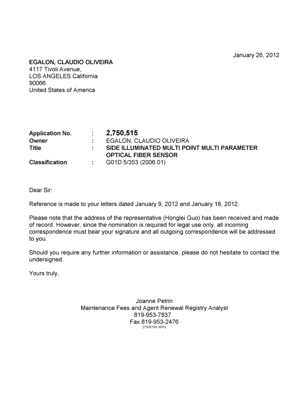 Canadian Patent Document 2750515. Correspondence 20111226. Image 1 of 1