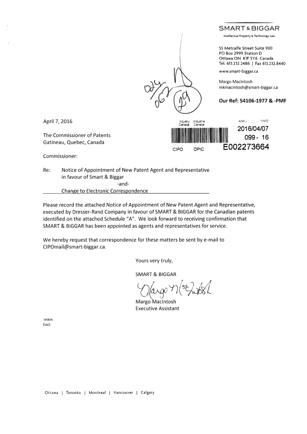 Document de brevet canadien 2750585. Correspondance 20160407. Image 1 de 4