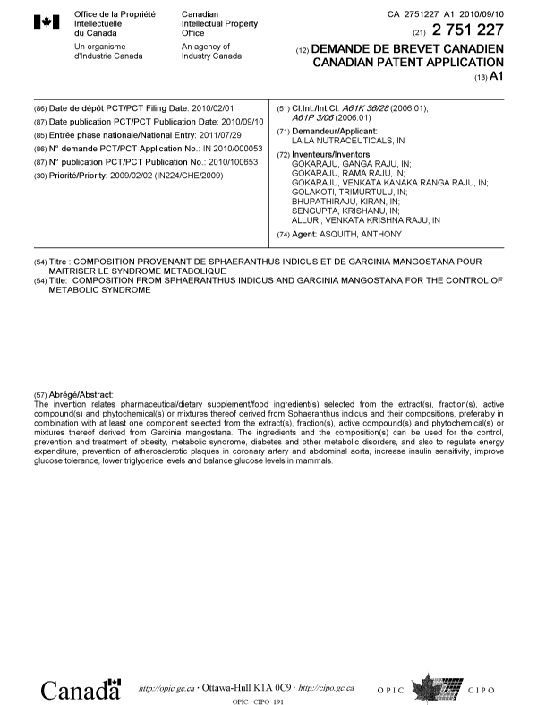 Canadian Patent Document 2751227. Cover Page 20110923. Image 1 of 1