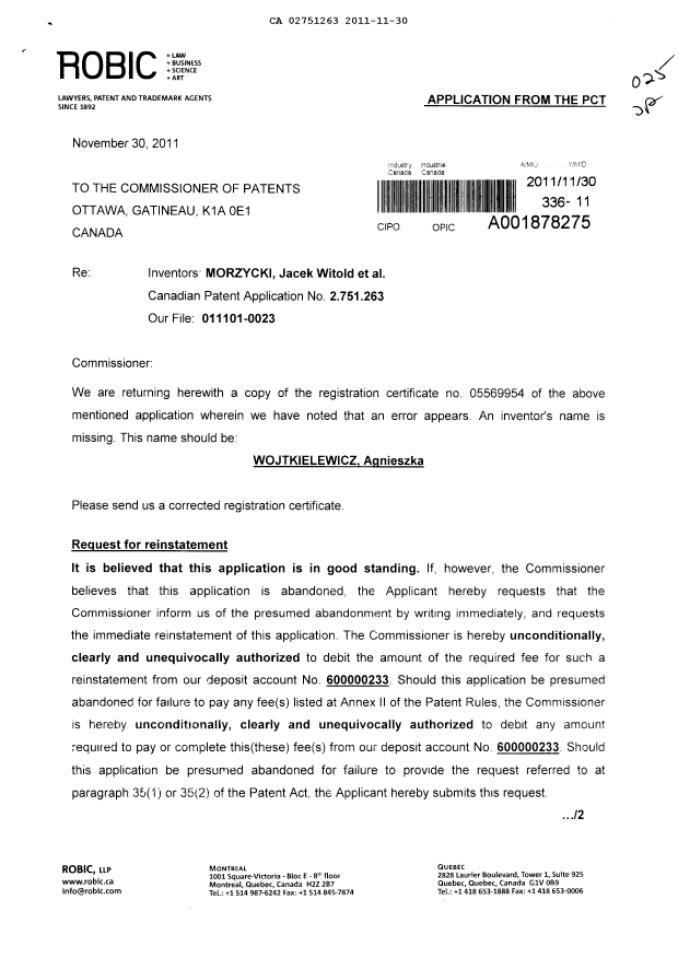 Document de brevet canadien 2751263. Cession 20111130. Image 1 de 3