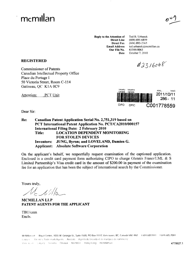 Canadian Patent Document 2751319. Prosecution-Amendment 20111011. Image 1 of 1