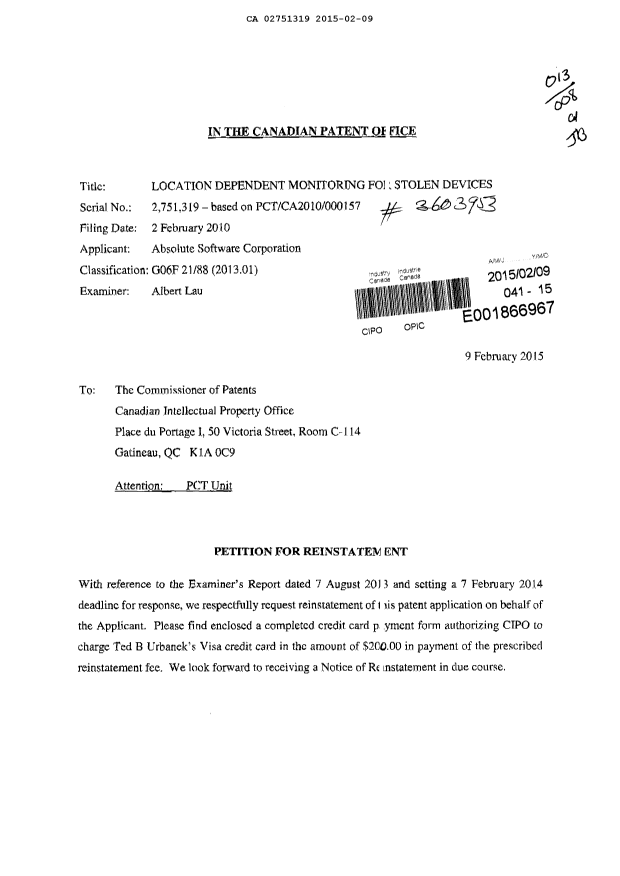 Canadian Patent Document 2751319. Prosecution-Amendment 20150209. Image 1 of 11