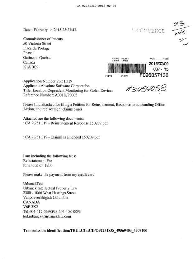 Document de brevet canadien 2751319. Poursuite-Amendment 20150209. Image 1 de 11