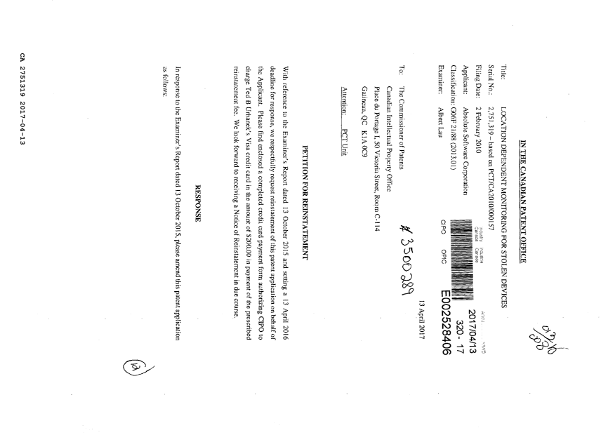 Canadian Patent Document 2751319. Reinstatement 20170413. Image 1 of 12