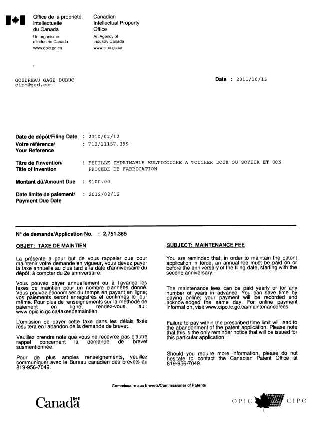 Canadian Patent Document 2751365. Correspondence 20111013. Image 1 of 1