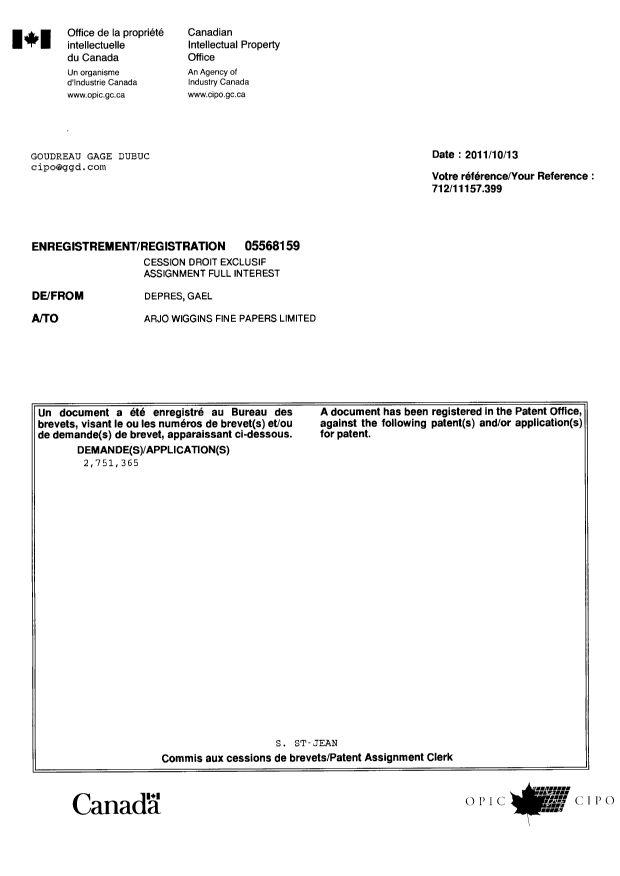 Canadian Patent Document 2751365. Correspondence 20111013. Image 1 of 1