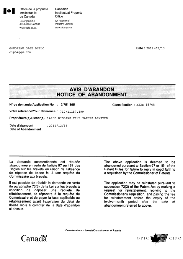 Canadian Patent Document 2751365. Correspondence 20120213. Image 1 of 1