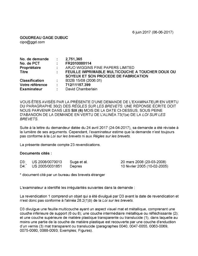 Canadian Patent Document 2751365. Examiner Requisition 20170606. Image 1 of 4