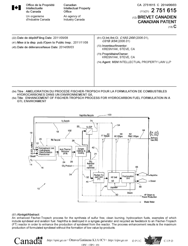 Canadian Patent Document 2751615. Cover Page 20140513. Image 1 of 1