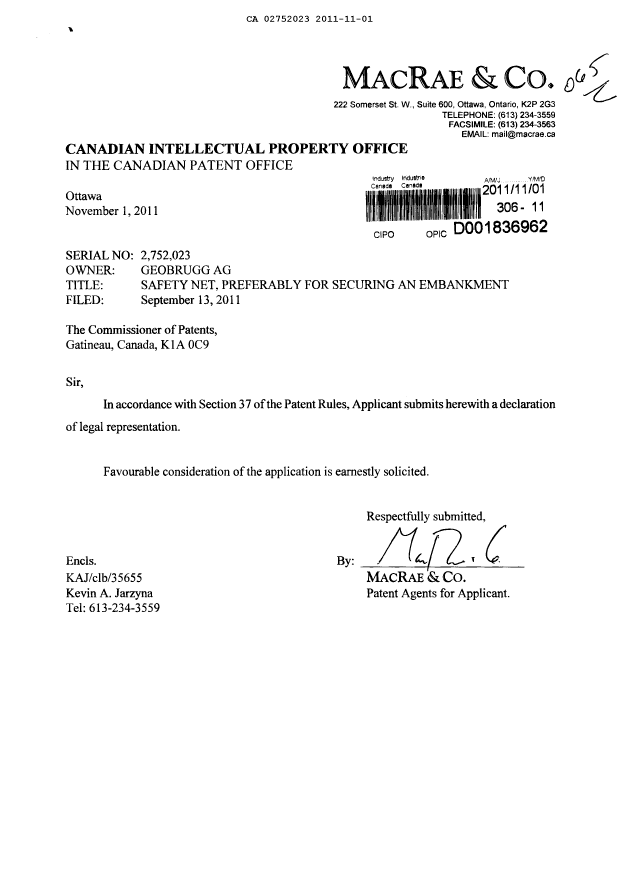 Canadian Patent Document 2752023. Correspondence 20111101. Image 1 of 2