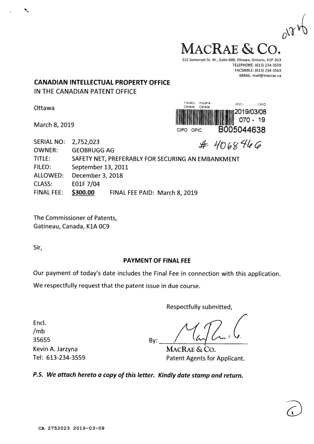 Canadian Patent Document 2752023. Final Fee 20190308. Image 1 of 1
