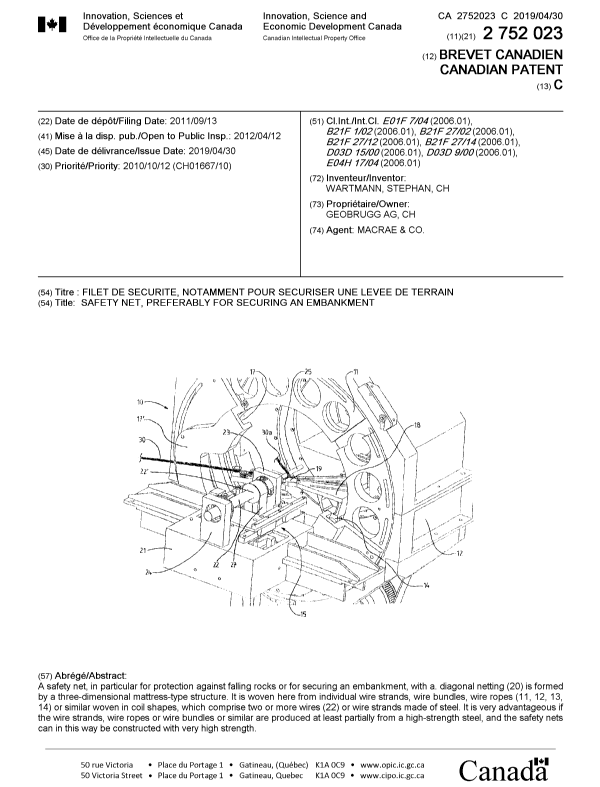 Canadian Patent Document 2752023. Cover Page 20190329. Image 1 of 1