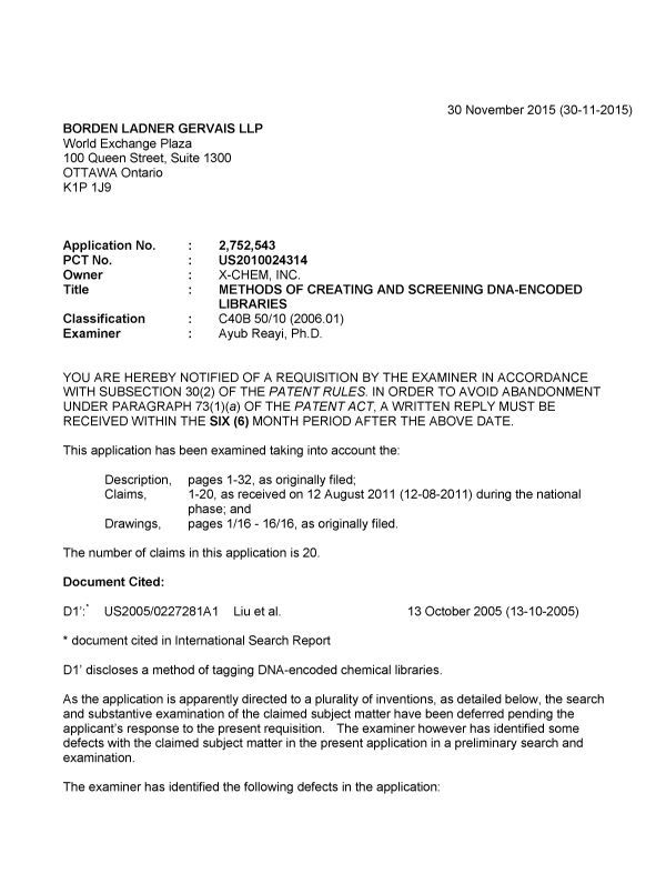 Document de brevet canadien 2752543. Demande d'examen 20151130. Image 1 de 4