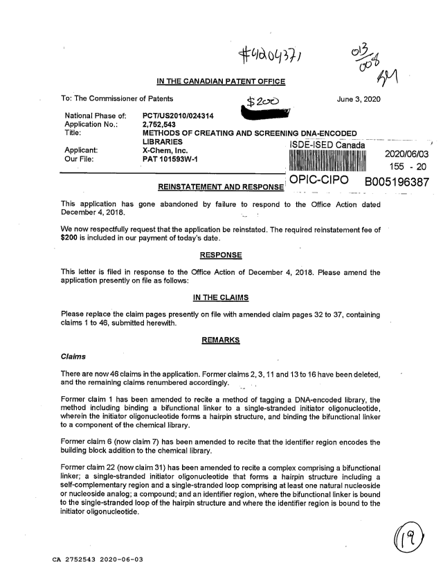 Document de brevet canadien 2752543. Rétablissement 20200603. Image 1 de 19
