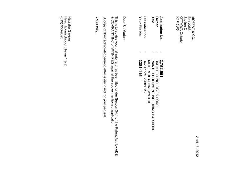 Document de brevet canadien 2752551. Correspondance 20111213. Image 1 de 2