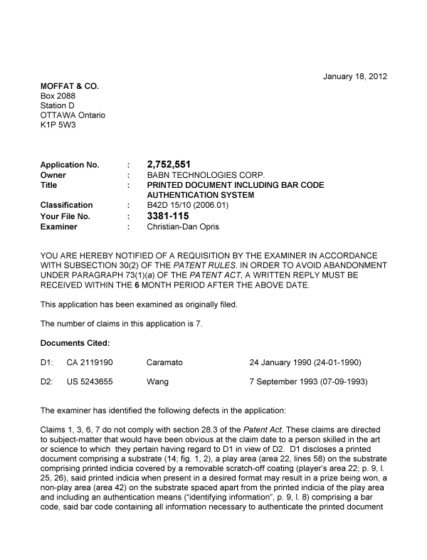 Canadian Patent Document 2752551. Prosecution-Amendment 20111218. Image 1 of 2