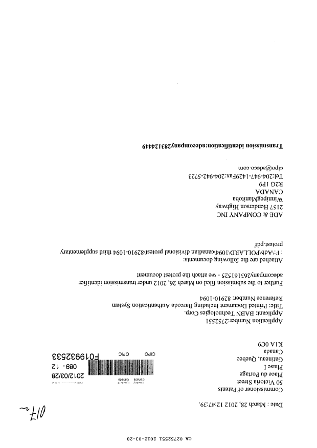 Canadian Patent Document 2752551. Prosecution-Amendment 20111228. Image 1 of 17