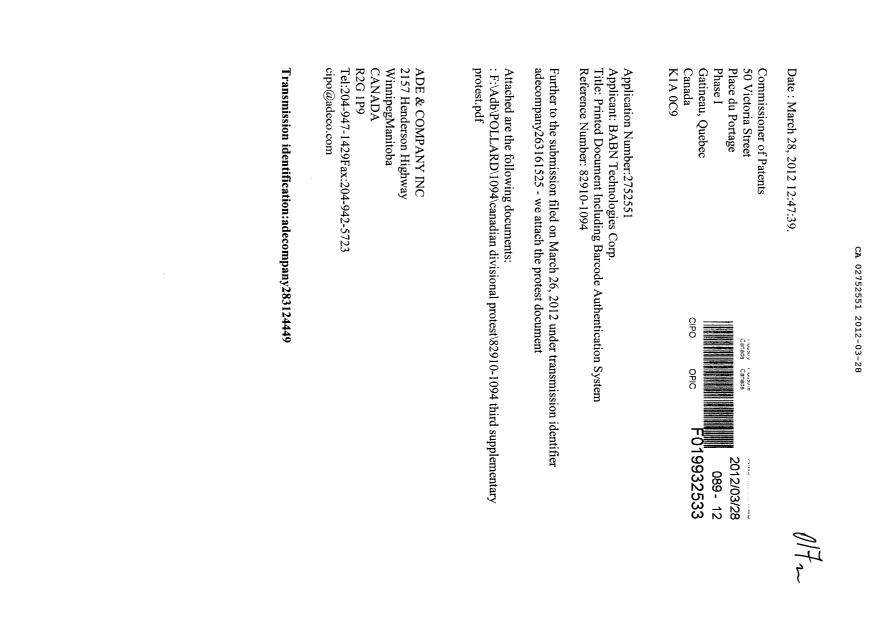 Document de brevet canadien 2752551. Poursuite-Amendment 20111228. Image 1 de 17