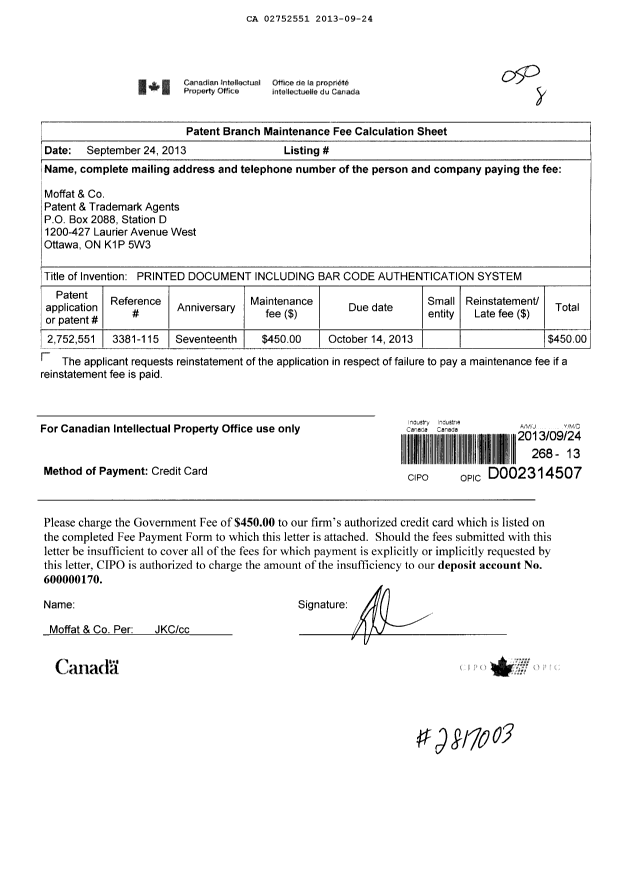 Canadian Patent Document 2752551. Fees 20121224. Image 1 of 1