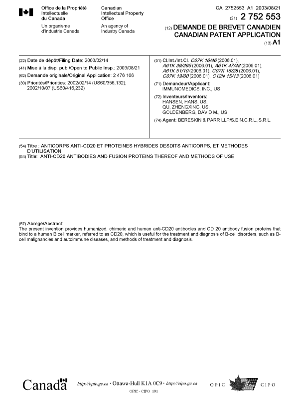 Document de brevet canadien 2752553. Page couverture 20111104. Image 1 de 1