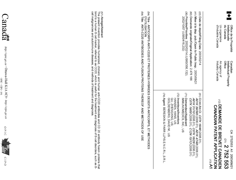 Canadian Patent Document 2752553. Cover Page 20111104. Image 1 of 1