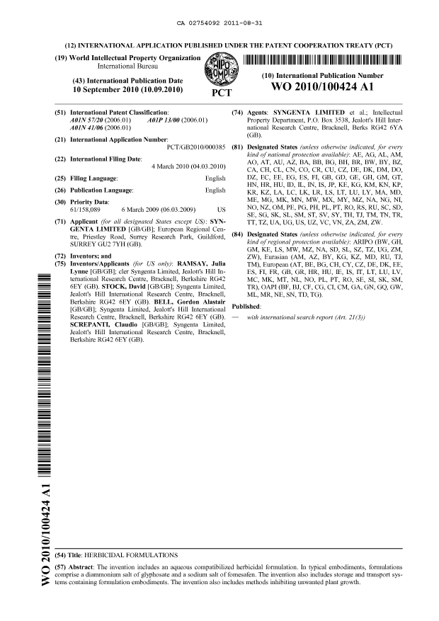 Document de brevet canadien 2754092. Abrégé 20110831. Image 1 de 1