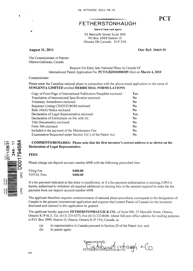 Document de brevet canadien 2754092. Cession 20110831. Image 1 de 2