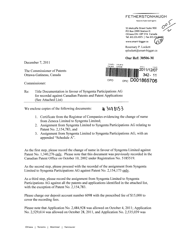 Document de brevet canadien 2754092. Cession 20111207. Image 1 de 19