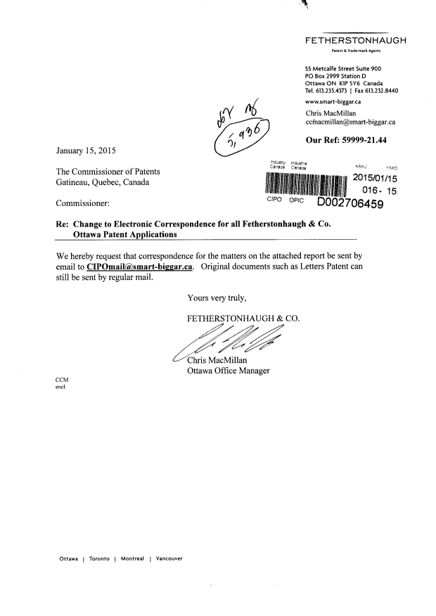 Document de brevet canadien 2754092. Correspondance 20150115. Image 1 de 2