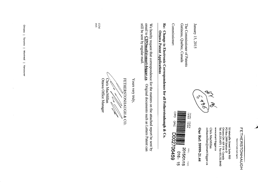Canadian Patent Document 2754092. Correspondence 20150115. Image 1 of 2