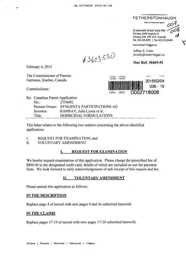 Document de brevet canadien 2754092. Poursuite-Amendment 20150204. Image 1 de 9