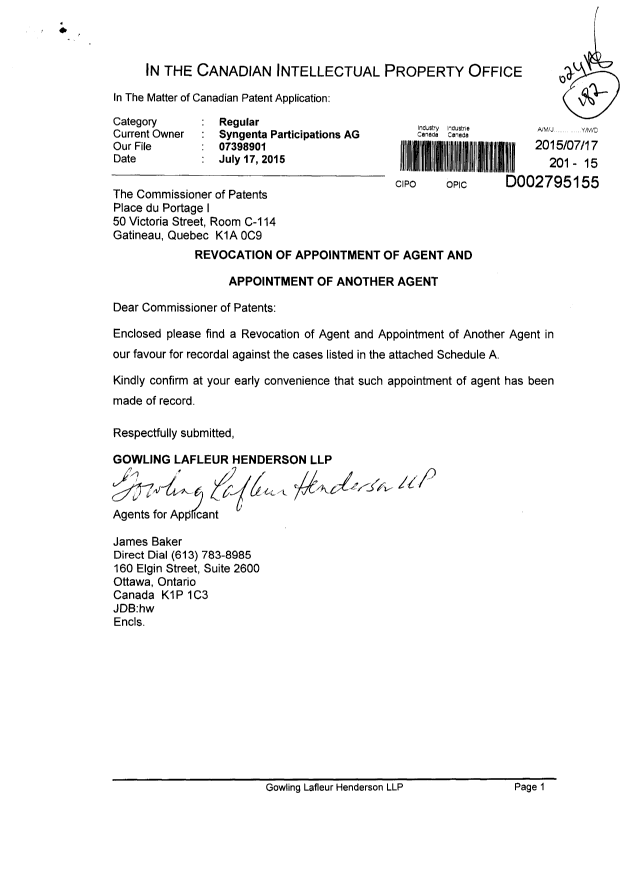 Document de brevet canadien 2754092. Correspondance 20150717. Image 1 de 16