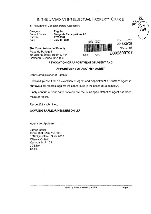 Document de brevet canadien 2754092. Correspondance 20150909. Image 1 de 16
