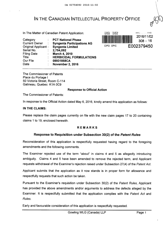 Document de brevet canadien 2754092. Modification 20161102. Image 1 de 6