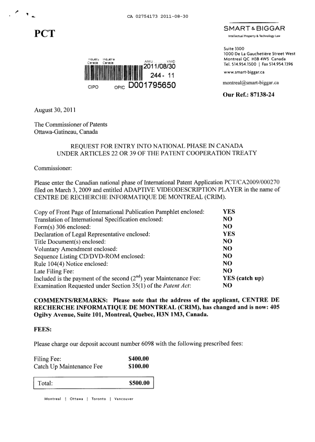 Document de brevet canadien 2754173. Cession 20110830. Image 1 de 3