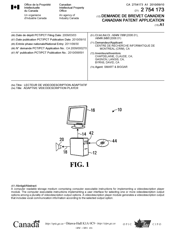 Document de brevet canadien 2754173. Page couverture 20111028. Image 1 de 1