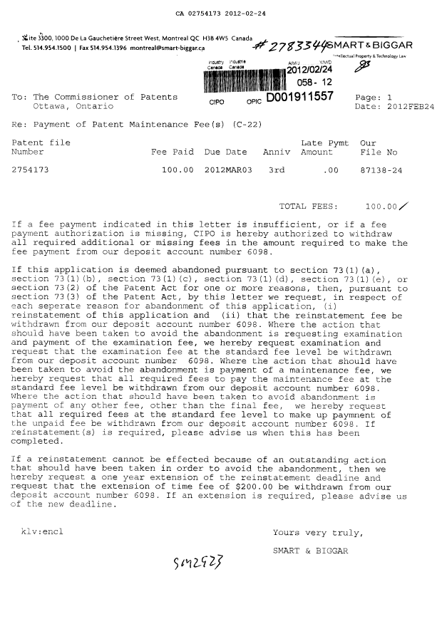 Document de brevet canadien 2754173. Taxes 20120224. Image 1 de 1